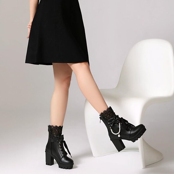 Women's Faux Leather Platform Ankle Boots with Pearl Chain Bow 8 - Picture 8 of 9